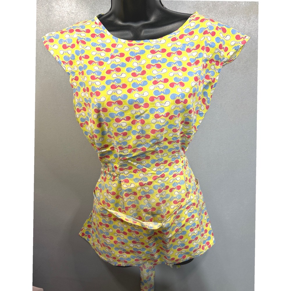 Vintage 1960s Yellow Novelty Print Smock Apron Front Pockets Tie Back Retro MCM